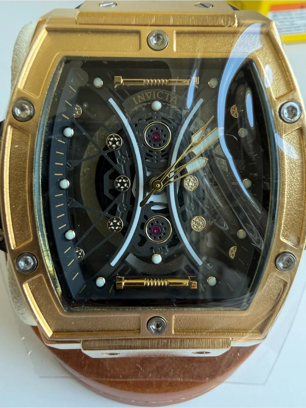 Invicta 69845 Gold Tone Skeleton Men’s Watch Black Strap Box